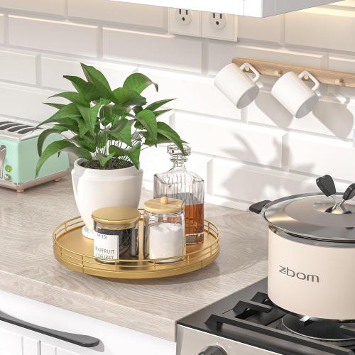 10 Gold Lazy Susan for Table Top, Oak Wood Lazy Susan Turntable Organizer for Dining Coffee Table Centerpiece Bar Decor Kitchen Countertop Bathroom Vanity Decorative Tray for Perfume Jewelry Round