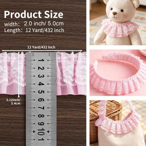 Lace Trim Ribbon, Ruffle Ribbon, 12-Yard Pink Lace Ribbon,2.0 Inch Width Pinks Laces Trims, Delicate Floral Pattern Ribbons for Crafts Sewing and Dress Applique Decorations, Pink