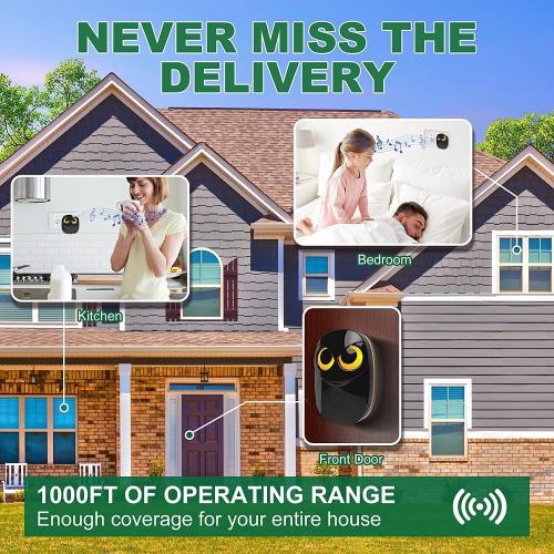 Wireless Doorbell, Cute Owl Doorbell Weatherproof IP55 Outdoor Remote Push Button- 1000 Feet Long Wireless Range, 1 Receiver   1 Transmitter, Black
