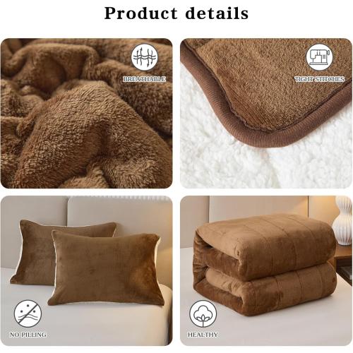 3-Layer Luxury Flannel Fleece Thick Bed Blanket King Size, Soft Plush Velvet Sherpa Blanket with 2 Pillow Shams Heavy Warm for Winter, Breathable n Washable, Brown
