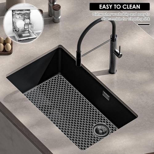 Silicone Sink Protector with Right Drain Hole,28x15inch Nonslip Silicone Sink Mat,Heat Resistant Sink Protector Mat, Hollow Out Sink Mats,Silicone Sink Protector for Kitchens(grey)