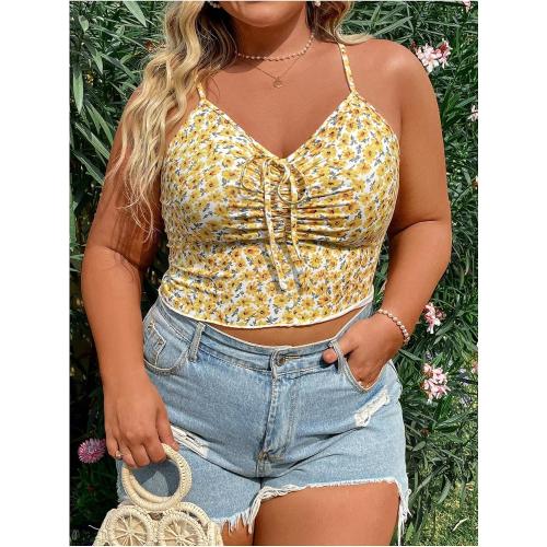 Small Floerns Women's Plus Size Floral Print Camisole Tie Front Summer Crop Cami Top IRIS