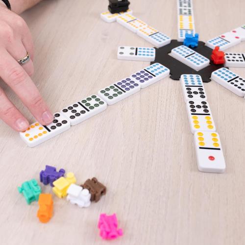 Elbow Room Games Mexican Train Dominoes Set – Double 12 Color Dot Dominos Game with Tin Case & Hub for Family Fun