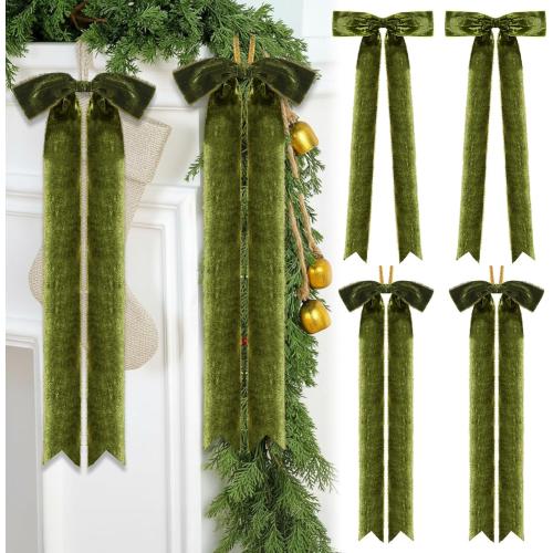 Riceshoot 4 Pcs Valentine's Velvet Bows 23.5'' x 8.7'' Large Handmade Long Fringe Staircase Bows Vintage Raw Edge Velvet Bow Rustic Crafts for Valentine's Tree Gift Wrapping Decor (Olive Green)