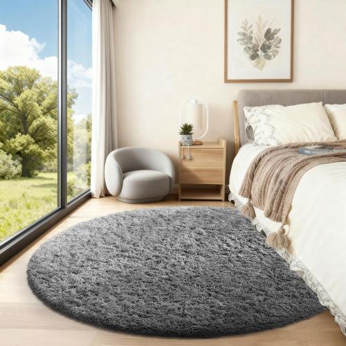 Ophanie Round Rug Medium Grey Circle Area Rugs, Fluffy Fuzzy Bedroom Carpet  Plush Shag Indoor Floor Gray Living Room Christmas Circular Aesthetic Decor for Kids Teen Boys Baby,Nursery, Classroom