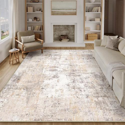 10x14 Area Rug Beige Grey Abstract Living Room Bedroom Washable Carpet Neutral Modern Non Slip Soft Low Pile Indoor Large Throw Rug for Dining Room Office
