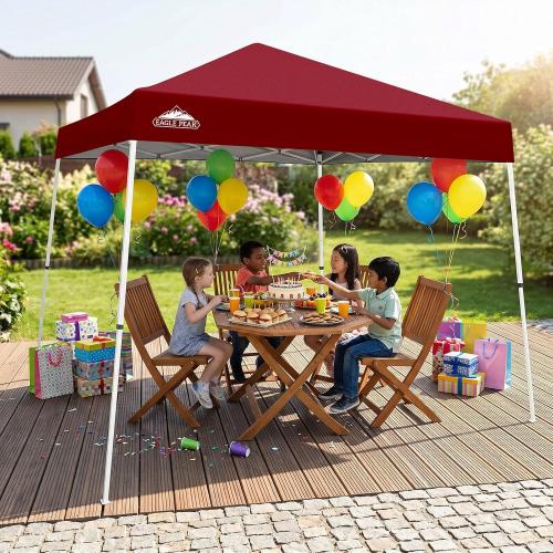 EAGLE PEAK 10x10 Slant Leg Pop-up Canopy Tent Easy One Person Setup Instant Outdoor Beach Canopy Folding Portable Sports Shelter 10x10 Base 8x8 Top (Burgundy)