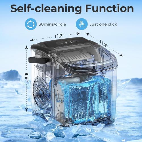R.W.FLAME Ice Makers Countertop with Handle,26.5Lbs/24H,9 Cubes in 6 Mins,Portable Ice Maker Machine with Self-Cleaning,Ice Basket and Scoop,Perfect for Home, Kitchen, Bar, Camping(Black)