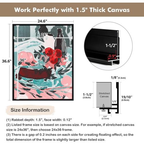 40x40 Frame for Stretched Canvas Art, DIY Metal Canvas Floater Frames with 1.5 Deep for Oil Diamond Paintings Vintage Prints Artwork, Aesthetic Home Accents Living Room Decor (Black)