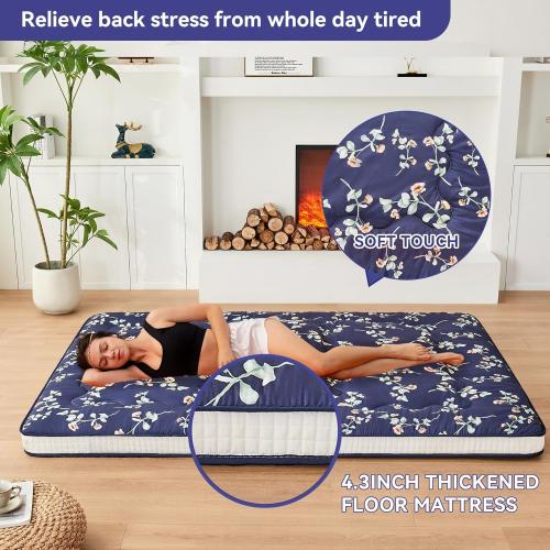 Blue Dr.Futon Japanese Floor Futon Mattress Extra Thick Folding Roll Up Bed Topper Mat for Guest,Lounger and Tavel