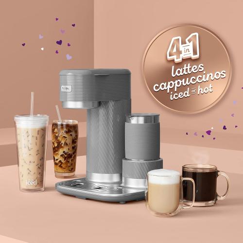 Grey Mr. Coffee 4-in-1 Latte Lux Iced Hot Coffee Maker with Built-In Milk Frother Single-Serve 22 Ounces