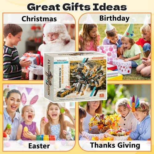 Collision Transforming Dinosaur Car Toy, 2 Magnetic Cars Transform into Dinosaur Toys for Kids Toddler Fun Deformation Robot Dino Car Christmas Birthday Gift Toys for Boys Girl(Golden Dragon)