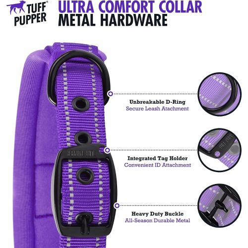 Tuff Pupper Ultra Comfort Padded Dog Collar | Thick Neoprene Padding | Ballistic Nylon Strap Dog Collar with Reflective Stitching | Durable Metal Buckle & Integrated ID Tag Holder | Waterproof Collars MEDIUM