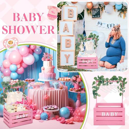 Barydat Wooden Baby Shower Crate Closet, Baby Basket with Handle, Personalized Basket Gifts, Easy Assembly Baskets for Newborn Boy Girl Welcome Gift for New Mom Parents(Pink)