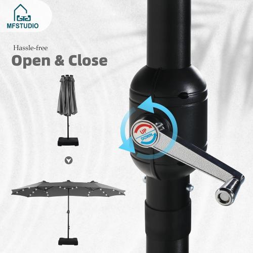 MFSTUDIO 15ft Double Sided Patio Umbrella with Solar Lights, Outdoor Large Umbrellas with Crank Handle and 36 LED Lights, Rectangular Market Umbrella with Base Included for Deck Pool Shade, Smoky Gray