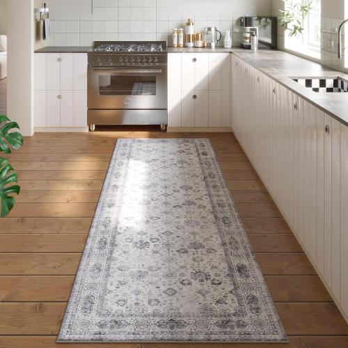 Rugcomf Runner Rug Small Hallway Washable Boho Soft Area Rug Non-Slip Faux Wool Vintage for Kitchen, Entryway, Laundry, Bedroom, Indoor (Grey and White)