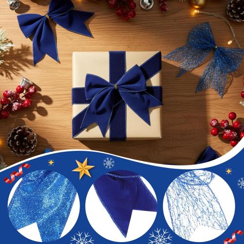 36 Pcs Christmas Bows with Twist Ties 6 Inch Velvet Mesh Ribbon Wreath Glitter Bows for Holidays Wreath Christmas Tree Railings Farmhouse Decoration DIY Craft Gift(Blue)