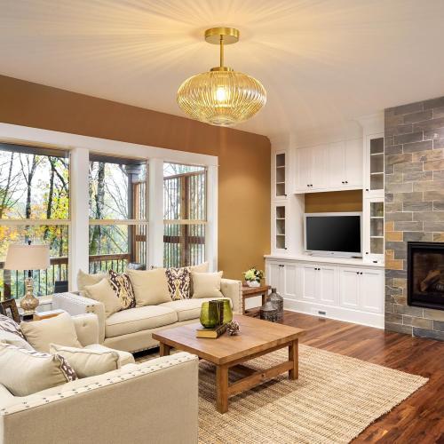 Amber Ribbed Glass Ceiling Light: 11.8 Vintage Semi Flush Mount Ceiling Lights - Mid Century Modern Brass Light Fixture - Minimalist Drum Decorative Lighting Fixtures for Bedroom Living Room Entryway