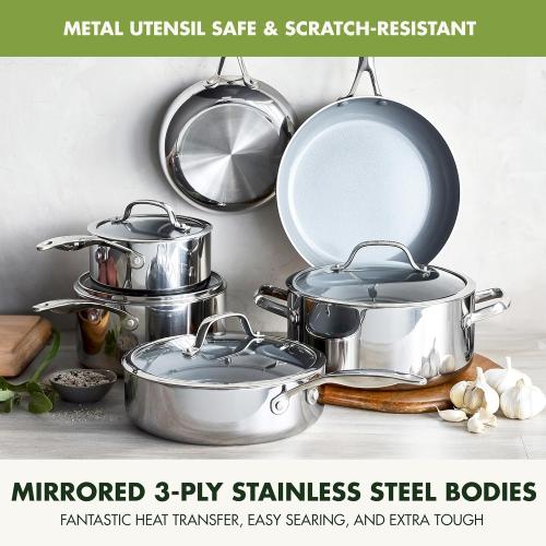 GreenPan Valencia Pro Tri-Ply Stainless Steel  Cookware Set, PFAS-Free Ceramic Nonstick Coating,