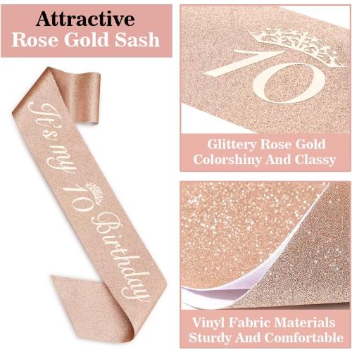 10th Birthday Decorations for Girls, Including Sash, Crown/Tiara, Candles, Cake Topper. 10th Birthday Gifts for Girls, Rose Gold Party Decor Supplies