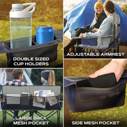 Oversized Fully Padded Double Camping Chair, Portable Folding Loveseat w/Side & Back Pockets, Adjustable Armrests, Double-Sized Cup Holders for Outdoor, Indoor, Supports 530LBS (Dark Navy)