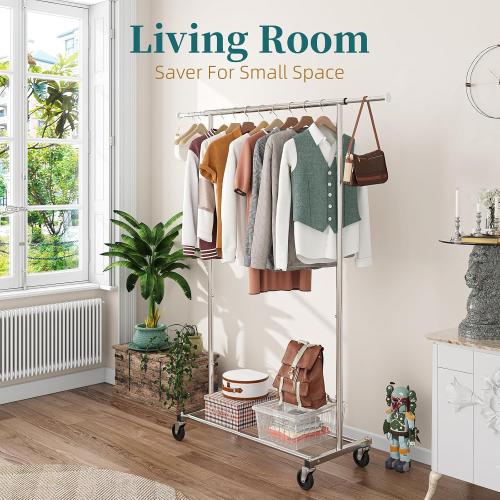 Simple Trending Clothing Garment Rack, Extendable Clothes Organizer, Chrome | Clothes Rack with Bottom Storage Shelf, 360° Wheels, Waterproof and Rust-resistant, Multiple Uses, Bedroom, Laundry Room