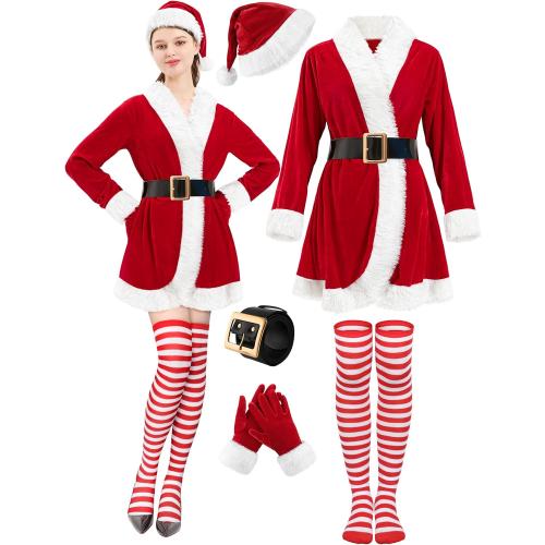5 Pcs Large Mrs Claus Costume Adult Women, Santa Christmas Outfits for Women Velvet Dress with Belt High Socks Hat Gloves