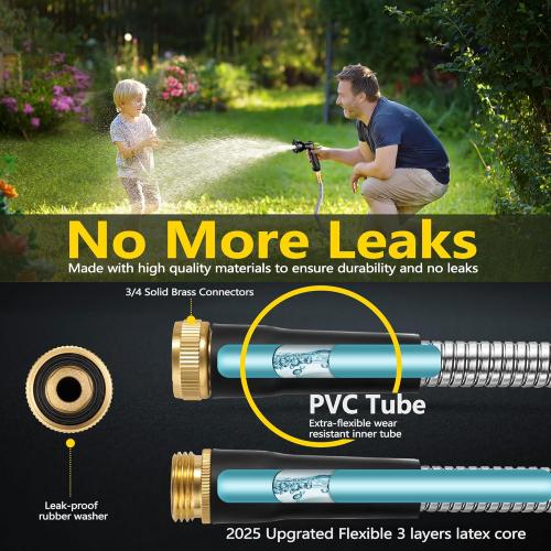 200 ft Stainless Steel Garden Hose - 2025 Upgraded Metal Water hose - Flexible Water Hose Pipes with Latex Core, 3/4 Solid Brass Connector - No-Expandable Garden Hoses