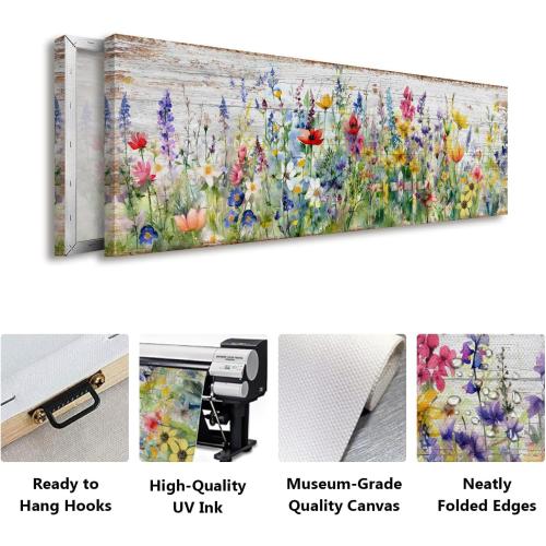 Rustic Wildflower Wall Art Colorful Farmhouse Floral Scenery Picture Decor Watercolor Flower Landscape Wood Grain Prints Painting Artwork for Living Room Office Bathroom Bedroom Home Decoration 14x48