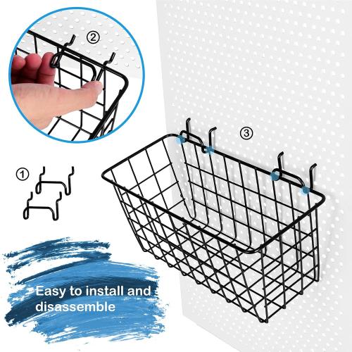 Pegboard Baskets 2 Pack Peg Board Metal Shelves Organizers (Medium, Black) | 1/8 1/4 Pegboard Accessories Organizers, Heavy Duty Steel Shelf Bins, Tools Craft Supplies Storage Garage Wall Organizer