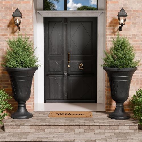 Tall Plastic Urn Planters and Pedestal - 24 Outdoor Planter Black | Weather-Resistant Plastics HDPE with Drainage Holes, Modern Trophy Design Vase, Large Flower Pot Porch Door, Set of 2