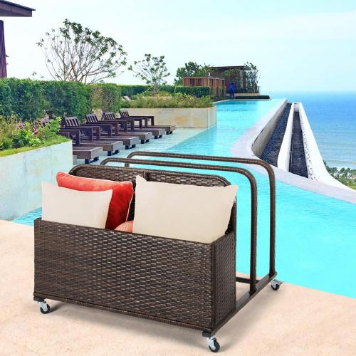 Poolside Float Storage Organizer, Outdoor Wicker Rattan Pool Float Holder Storage Rack for Basket Box Patio Pool Storage Caddy with Rolling Wheels for Pool Toy Noodles Equipment Accessroies (Brown)