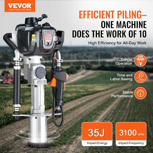 VEVOR 37.77cc Gas-Powered T Post Driver, 4-Stroke Engine Gasoline Fence Piling Pounder, with 3 Post Driving Head(45/55/88 mm), 1000W Portable Piledriver For Farm, Ranch Fencing, Road Improvements