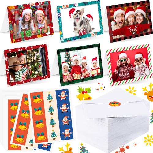 Crtiin 120 Set Christmas Photo Frame Greeting Cards with Photo Insert Bulk Vintage Christmas Cards Pictures Holiday Cards Assortment with Envelopes and Stickers for 4'' x 6'' Photos