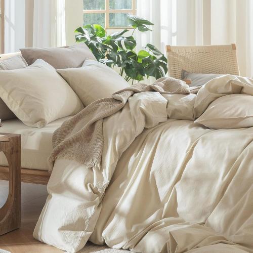 MooMee Bedding Duvet Cover Set 100% Washed Cotton Linen Like Textured Breathable Durable Soft Comfy (Heathered Almond Milk Grey, Twin 68x90)