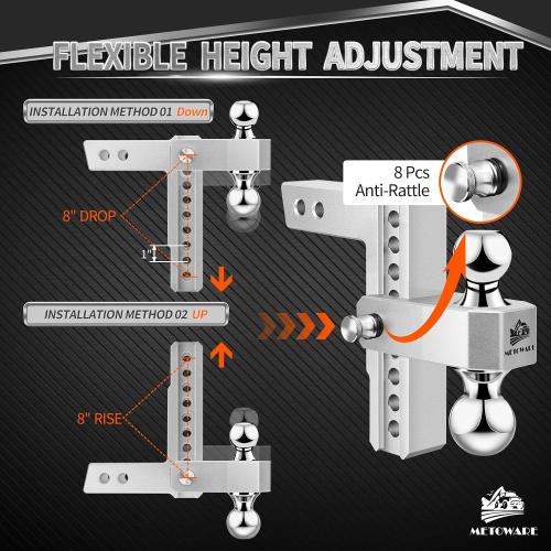 METOWARE Adjustable Trailer Hitch Fits 2 Receiver, 8 Drop/Rise 12.5K GTW
