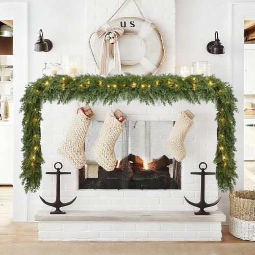 Lvydec Lighted Christmas Pine Garland Decoration, 9ft Realistic Cedar Cypress Garlands Christmas Greenery Garland with Lights for Holiday Mantel Fireplace Table Centerpiece (9ft)