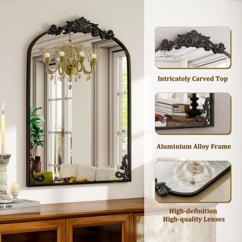 Black 36x 28 Arched Bathroom Mirror, Wall-Mounted Mirror with Carved Metal Frame & Bottom Art Carved, Vanity Mirror for Home Decor, Hanging Wall Mirror with Baroque Ornate Carved Accents, Vintage Black