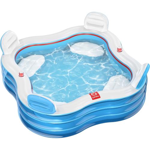 QPAU Inflatable Swimming Pool, Full-Sized Blow Up Pools with Seats and Backrests, Kiddie Pool for Outdoor & Backyard, for Family Summer Time Fun, Jelly Blue