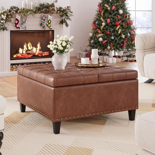 Color brown Square Leather Ottoman with Storage, Faux Leather Coffee Table with Lift Top,Large Upholstered Footrest Stool Toy Box Storage Bench for Bedroom Living Room, Brown