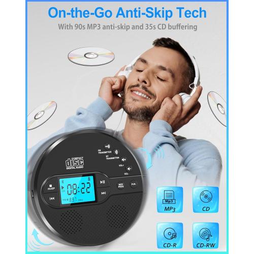 Portable CD Player with Bluetooth, Disman CD Player for Car with FM Transmitter, Rechargeable CD Player Portable with Anti-Skip Protection, Headphones, AUX/USB Supported, LCD Display(Black)