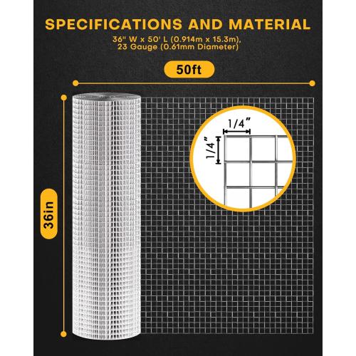 Hardware Cloth 36'' x 50' 1/4 inch Square Openings - 23 Gauge Hot-Dip Galvanized Wire Mesh, Welded Cage Wire Rolls Great for Animal Enclosure Chicken Coop Flower Beds Rabbits Wire Fencing