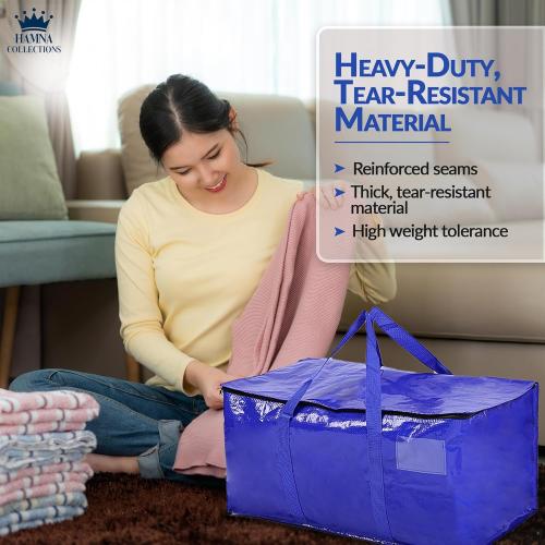 Hamna Collection Heavy Duty 6 Extra Large Blue Moving Bags With Handles, Zippers & Laundry Bag, Waterproof Storage Totes, Alternative to Box and Bin