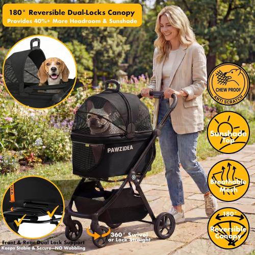 PAWZIDEA Pet Stroller 4-in-1, Foldable Dog Stroller with Detachable Carrier | Escape-Proof No-Zip Canopy, Portable Travel Crate & Car Seat Combo, for Small to Medium Dogs & Cats up 33 lbs, Storage Basket