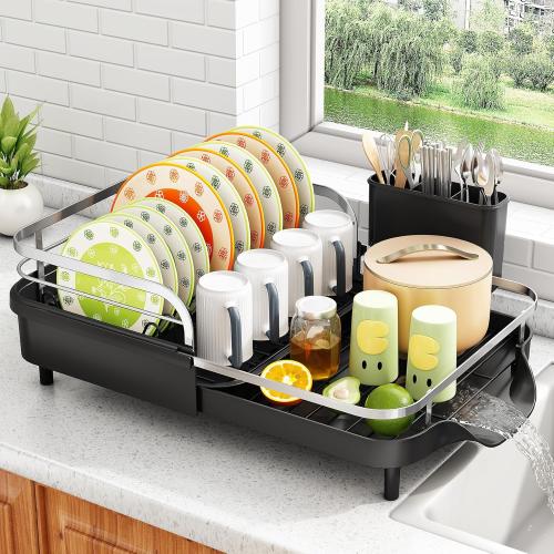 SAYZH Dish Drying Rack - Expandable Dish Rack for Kitchen Counter, Rust-Resistant Dish Drainer with Utensil Holder and Raised Guardrail, Kitchen Organizer for Cup and Bottle (Black)