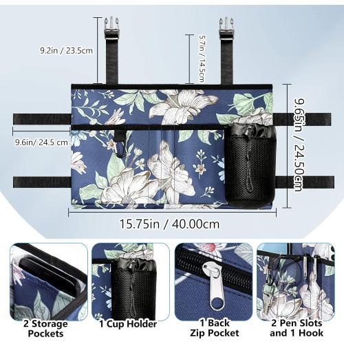 Rhino Valley Walker Bag, Multi Pockets Folding Walker Basket Tote Bag with Cup Holder, Hand-free Carry Pouch Storage Bag for Universal Walkers, Large Capacity Organizer for Seniors Elderly,Blue Cosmos