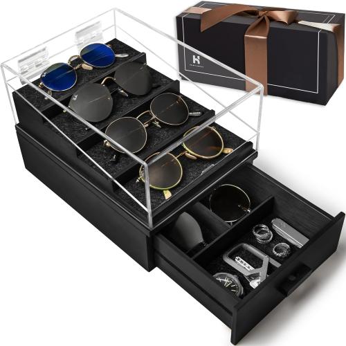 Holme & Hadfield Premium 6-Slot Sunglasses Organizer – Beautiful 360° Views – Handcrafted Wooden Sunglasses Display Case for Multiple Glasses – Luxurious Christmas Gift