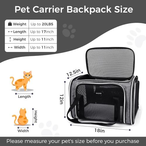 Grey 17x11x12 BAGLHER Pet Travel Carrier, Cat Carriers Dog Carrier for Small Medium Cats Dogs Puppies, Airline Approved Small Dog Carrier Soft Sided, Collapsible Puppy Carrier. Grey
