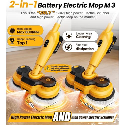 qimedo Cordless Electric Mop M3, 6000mAh, 2-in-1 Power Scrubber & Mops | 800RPM Floor Scrubber Machine, Automatic Spin Mops with Smart Display, Rotating Mop with LED Light & Water Spray