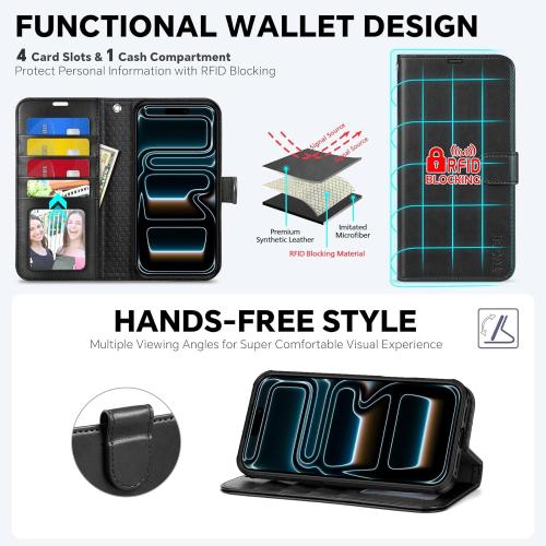 TUCCH 2-in-1 Detachable Wallet Case for iPhone 17 Pro (6.3-inch) 2025, Wireless Charging | RFID Blocking 4 Card Holder | Wrist Strap | Kickstand | Magnetic | PU Leather | Protective Flip Cover | Black